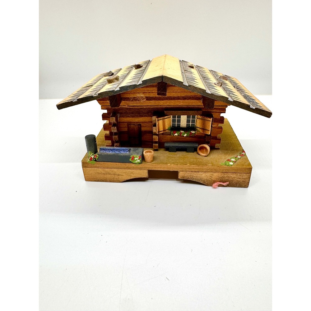 Vintage BEFAG Swiss Chalet Music Box Swedish Rhapsody Log Cabin Wood Trinket Box